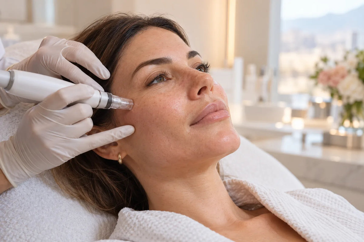 Aplicación de un dispositivo dermapen sobre la mejilla con manos enguantadas