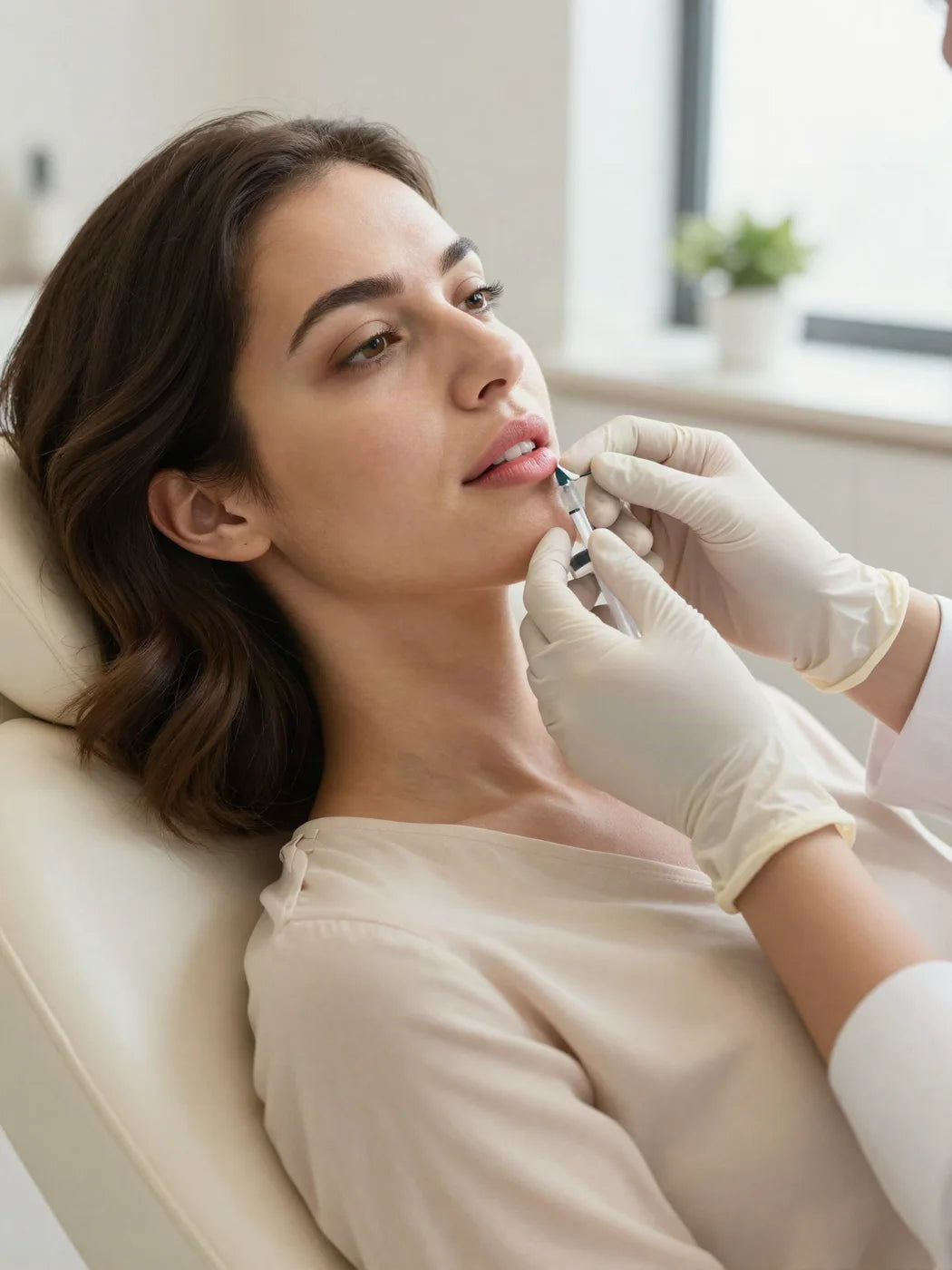 Evaluación de labios con manos enguantadas en una sala luminosa