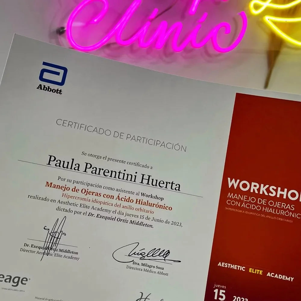 Certificado del workshop de manejo de ojeras con ácido hialurónico, 2023