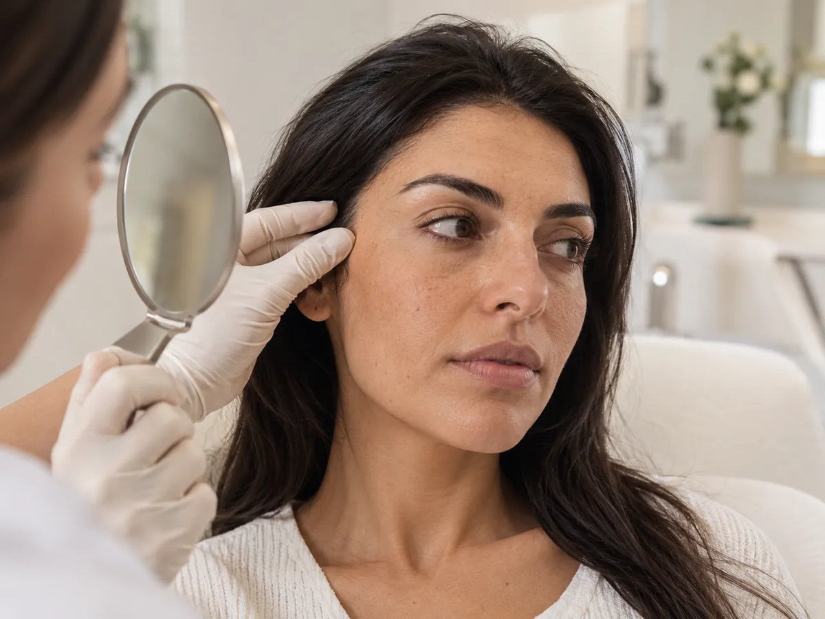 Evaluación de la piel bajo los ojos con espejo clínico