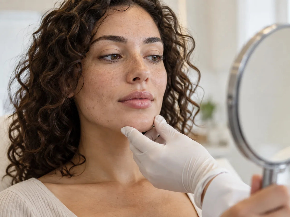 Labios de proporciones naturales junto a un espejo de evaluación